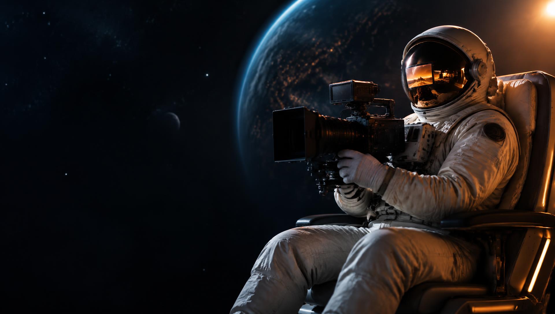 Astronauta APRUMA operando uma câmera de cinema no espaço